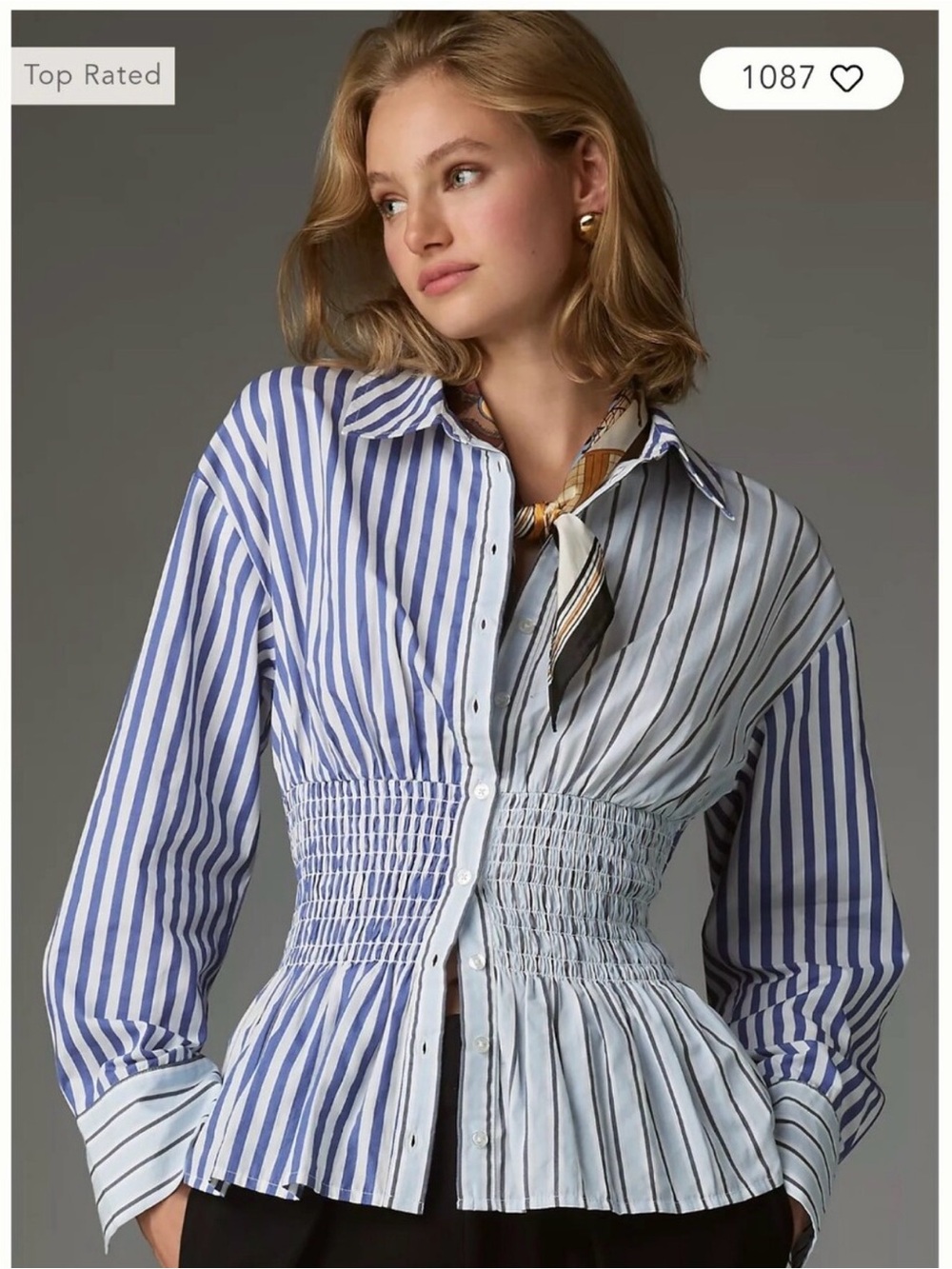 Maeve Blue and White Striped Smocked-Waist Button Down Shirt NWT